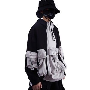 Niepce Men’s Patchwork Functional Streetwear Zip Up Hoodie Cargo Sweatshirt Sz L